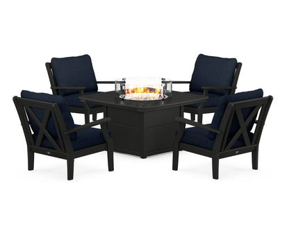 POLYWOOD® Braxton 5-Piece Deep Seating Conversation Set with Fire Pit Table in Black / Marine Indigo