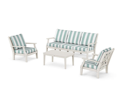 Country Living Wovendale 4-Piece Deep Seating Set with Sofa in Sand / Cabana Stripe Glacier Spa