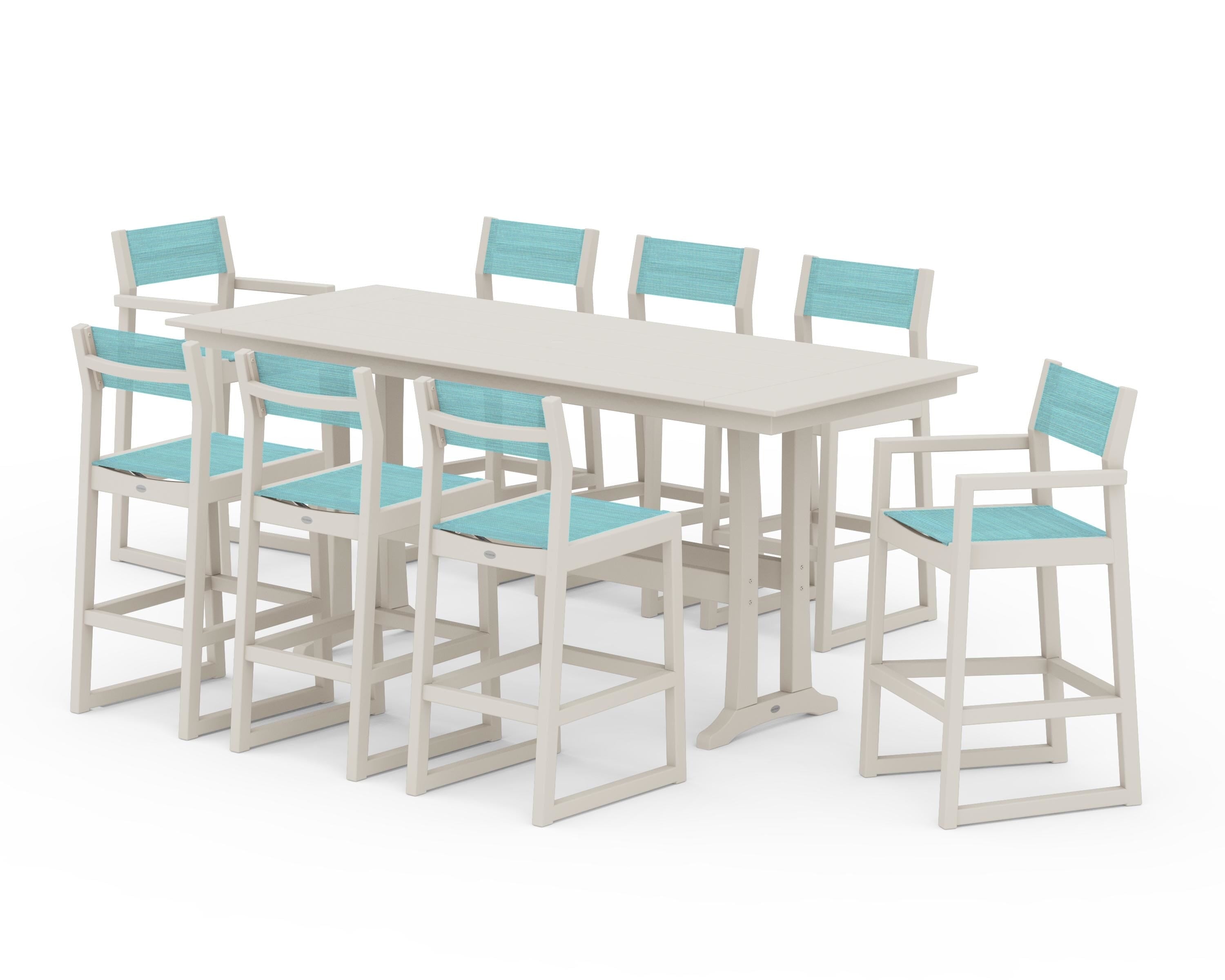 POLYWOOD® EDGE Sling 9-Piece Farmhouse Bar Set with Trestle Legs in Sand / Dupioni Aquamarine Sling