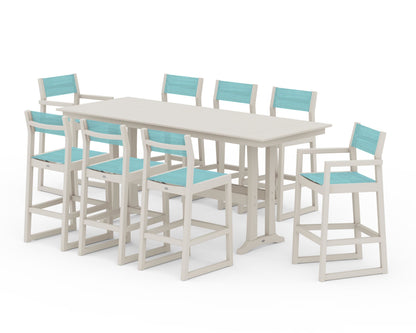 POLYWOOD® EDGE Sling 9-Piece Farmhouse Bar Set with Trestle Legs in Sand / Dupioni Aquamarine Sling