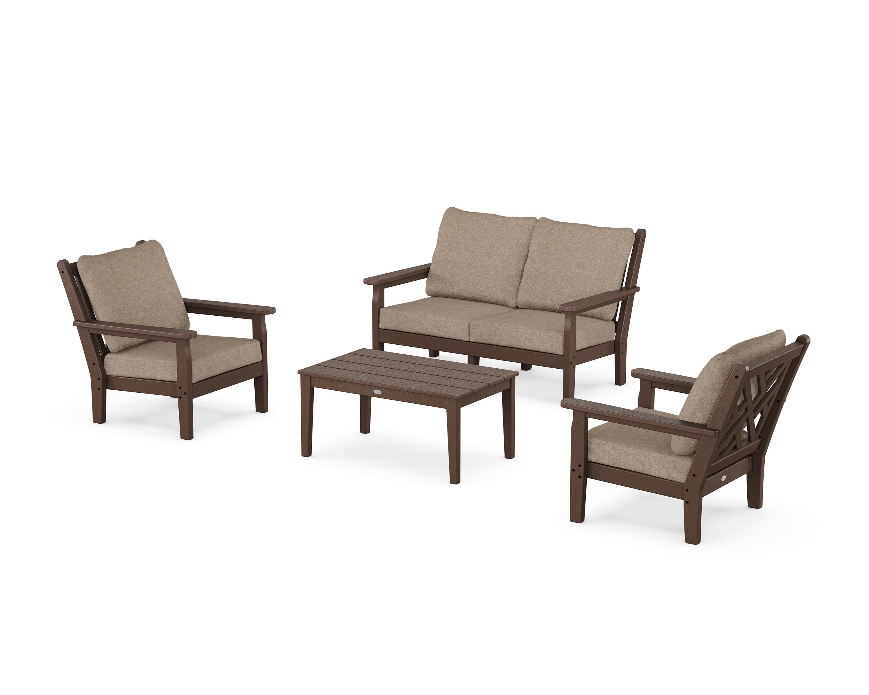 POLYWOOD® Chippendale 4-Piece Deep Seating Set with Loveseat in Mahogany / Spiced Burlap