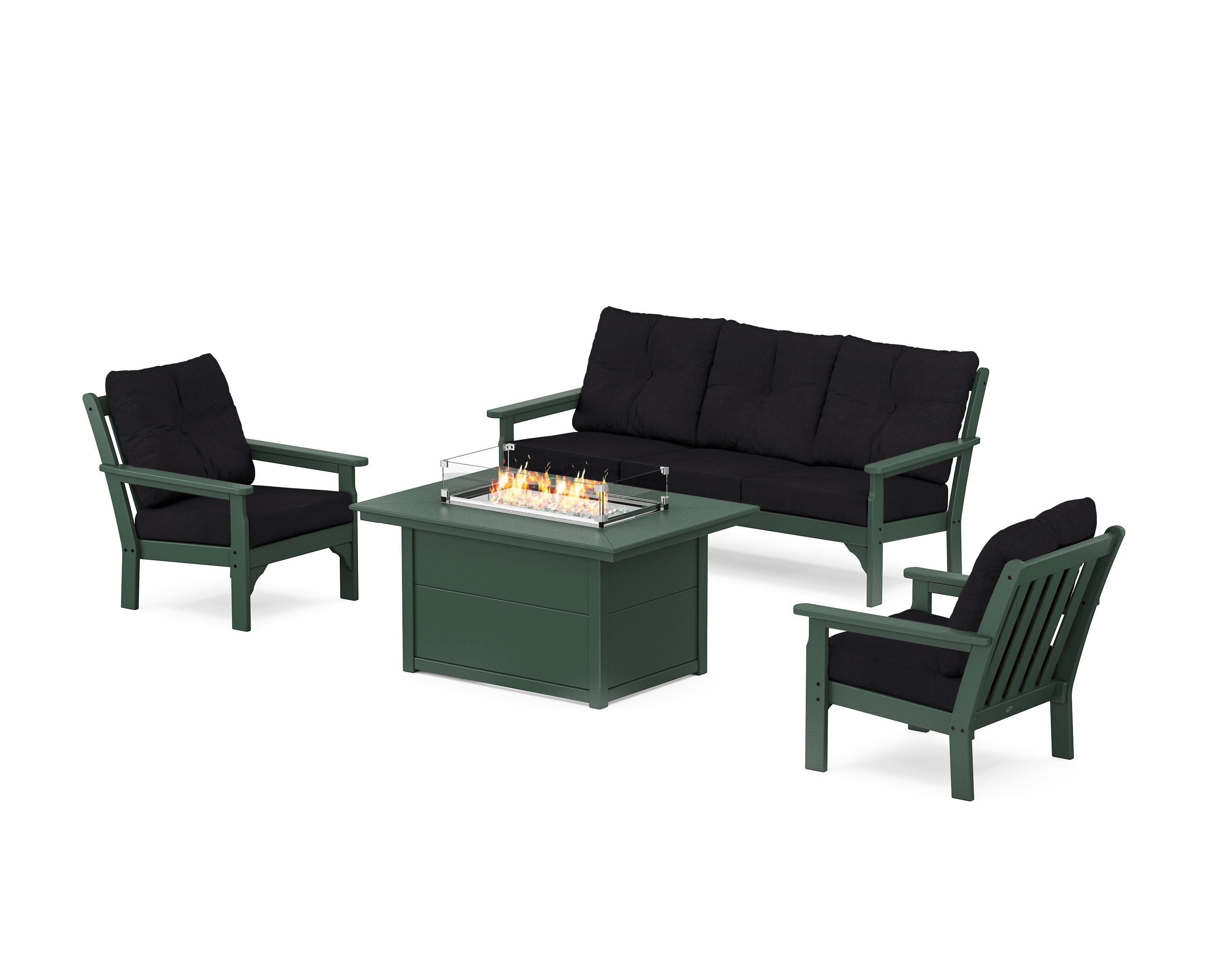 POLYWOOD® Vineyard Deep Seating Fire Pit Table Set in Green / Midnight Linen