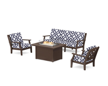 Martha Stewart by POLYWOOD® Chinoiserie Deep Seating Fire Pit Table Set in Mahogany / Trellis Navy
