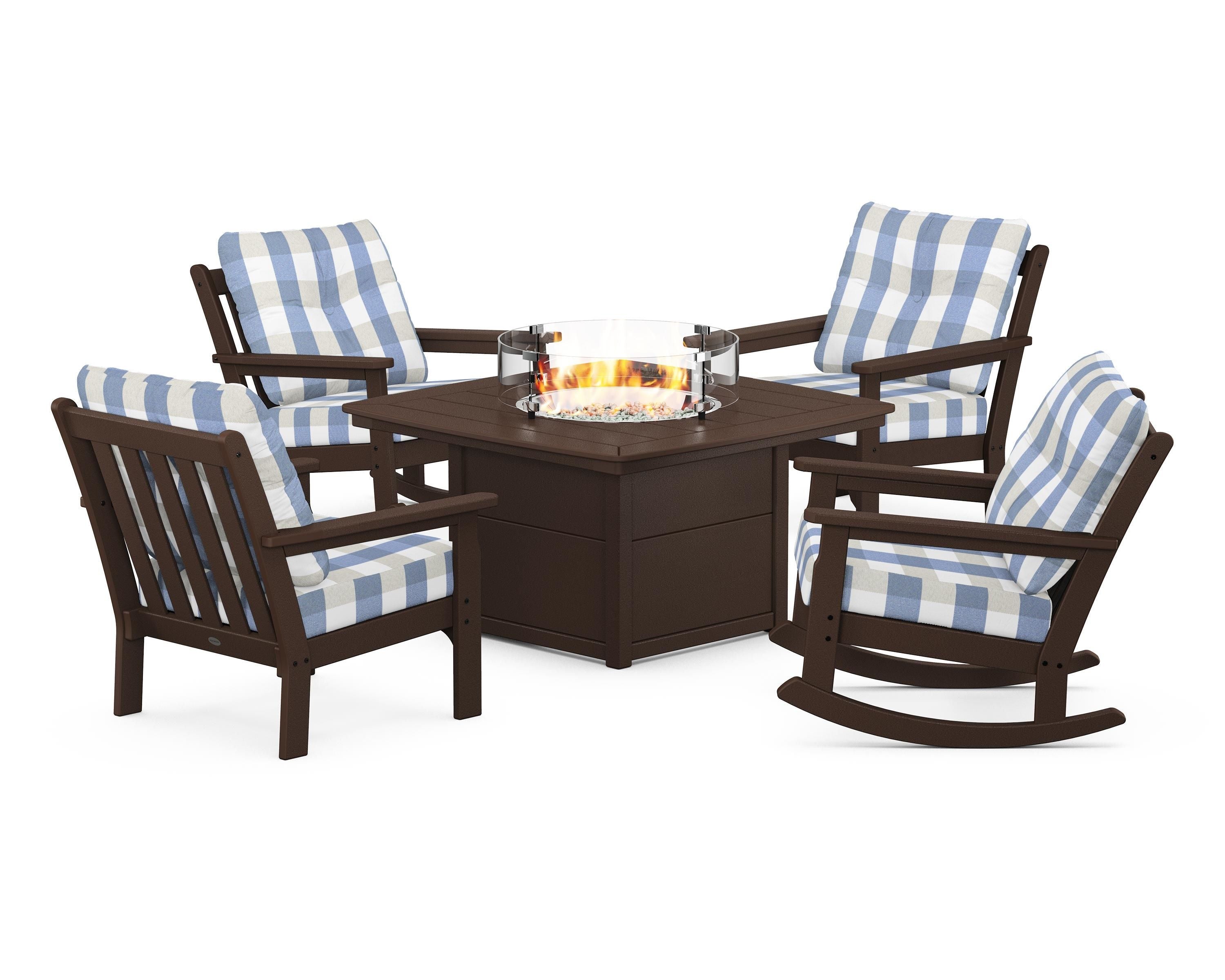 POLYWOOD® Vineyard 5-Piece Deep Seating Rocking Chair Conversation Set with Fire Pit Table in Mahogany / Buffalo Plaid Sky Blue