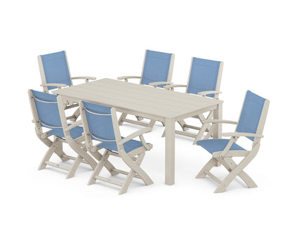 POLYWOOD® Coastal Folding Chair 7-Piece Parsons Dining Set in Sand / Poolside Sling