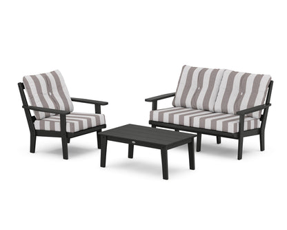 POLYWOOD® Oxford 3-Piece Deep Seating Set with Loveseat in Black / Cabana Stripe Grey Mist