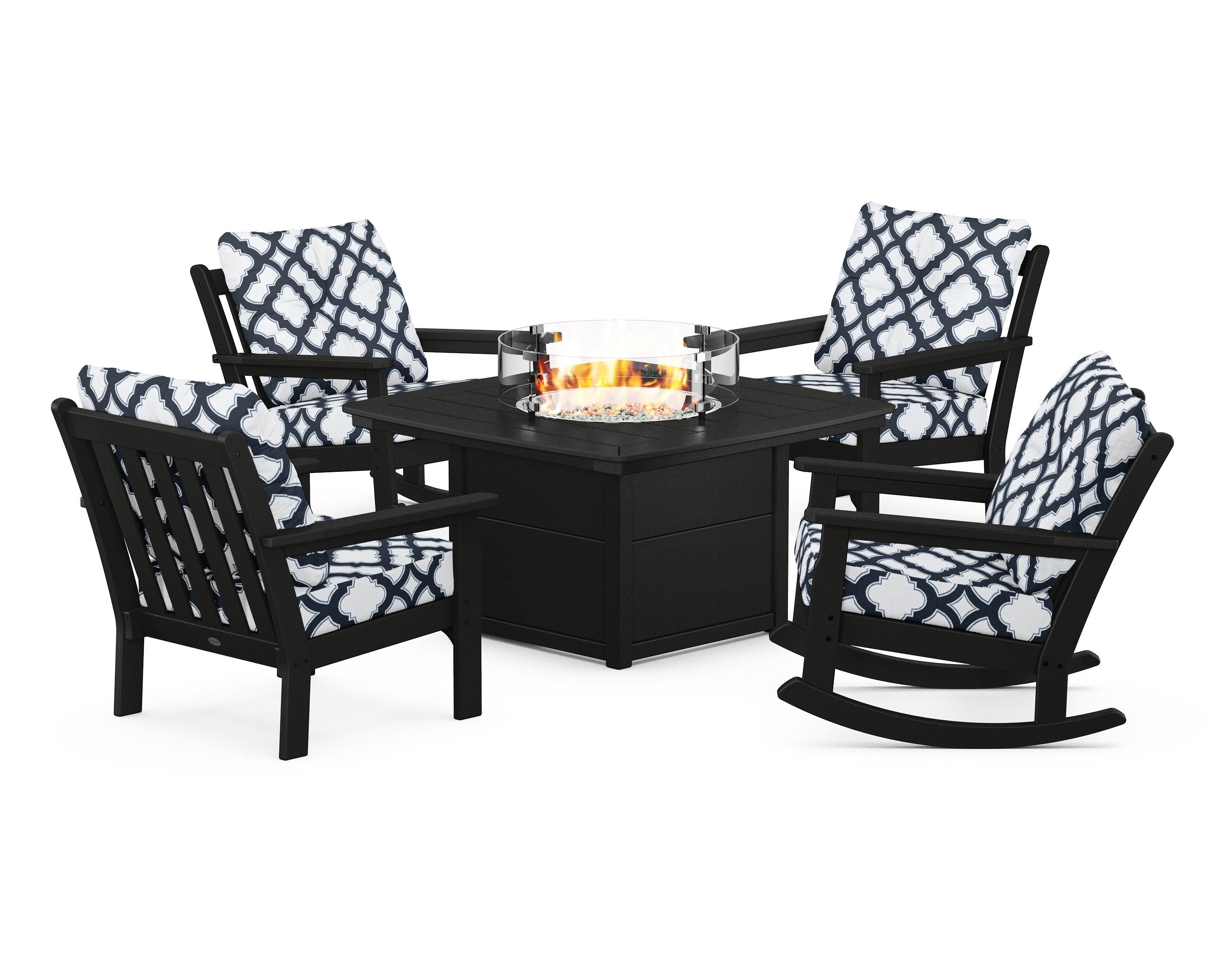 POLYWOOD® Vineyard 5-Piece Deep Seating Rocking Chair Conversation Set with Fire Pit Table in Black / Trellis Marine Indigo