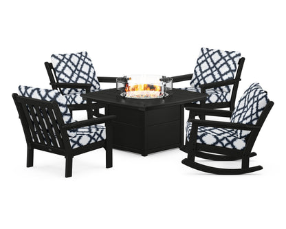 POLYWOOD® Vineyard 5-Piece Deep Seating Rocking Chair Conversation Set with Fire Pit Table in Black / Trellis Marine Indigo