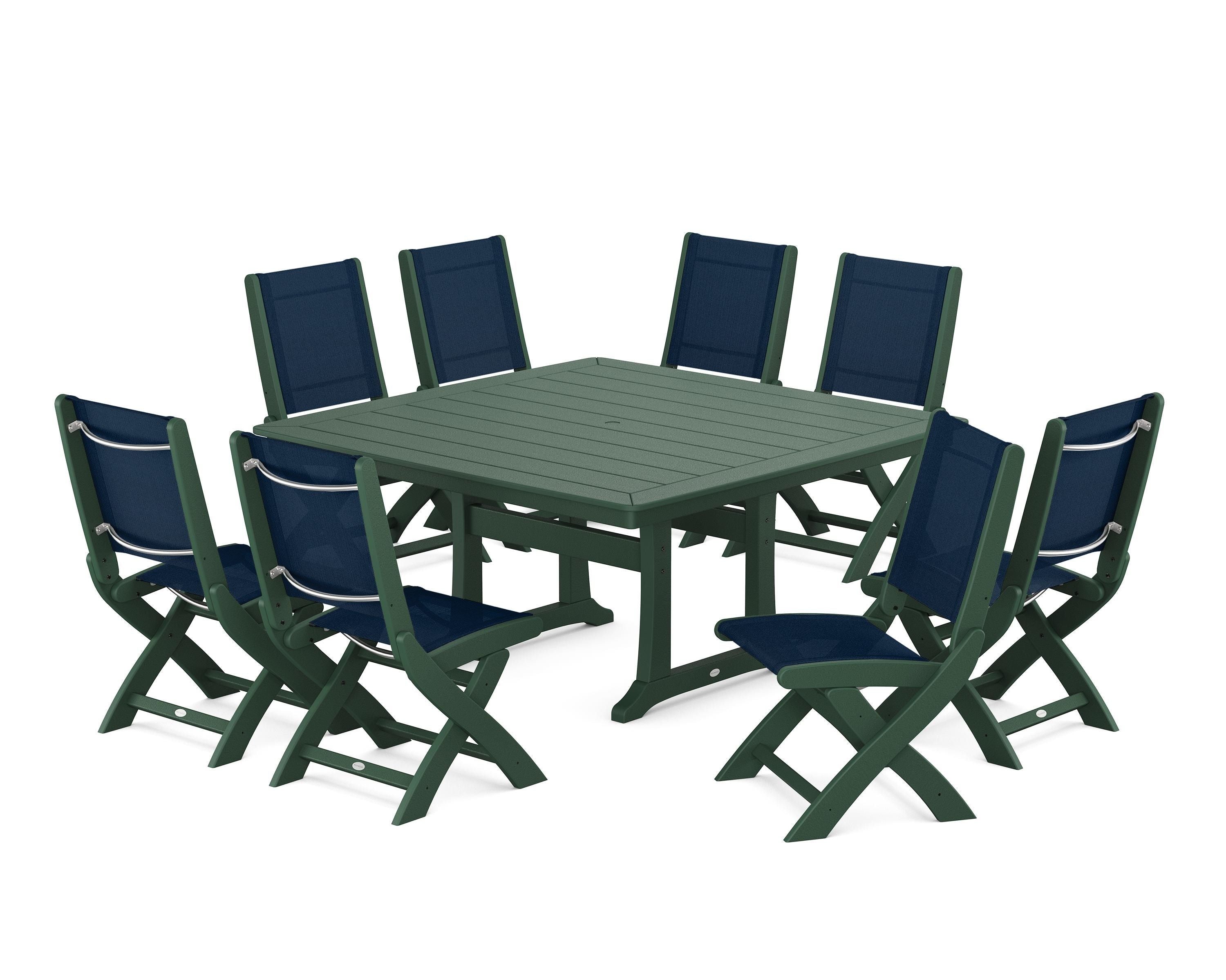 POLYWOOD® Coastal Folding Side Chair 9-Piece Dining Set with Trestle Legs in Green / Navy Blue Sling