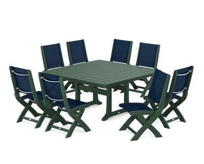 POLYWOOD® Coastal Folding Side Chair 9-Piece Dining Set with Trestle Legs in Green / Navy Blue Sling
