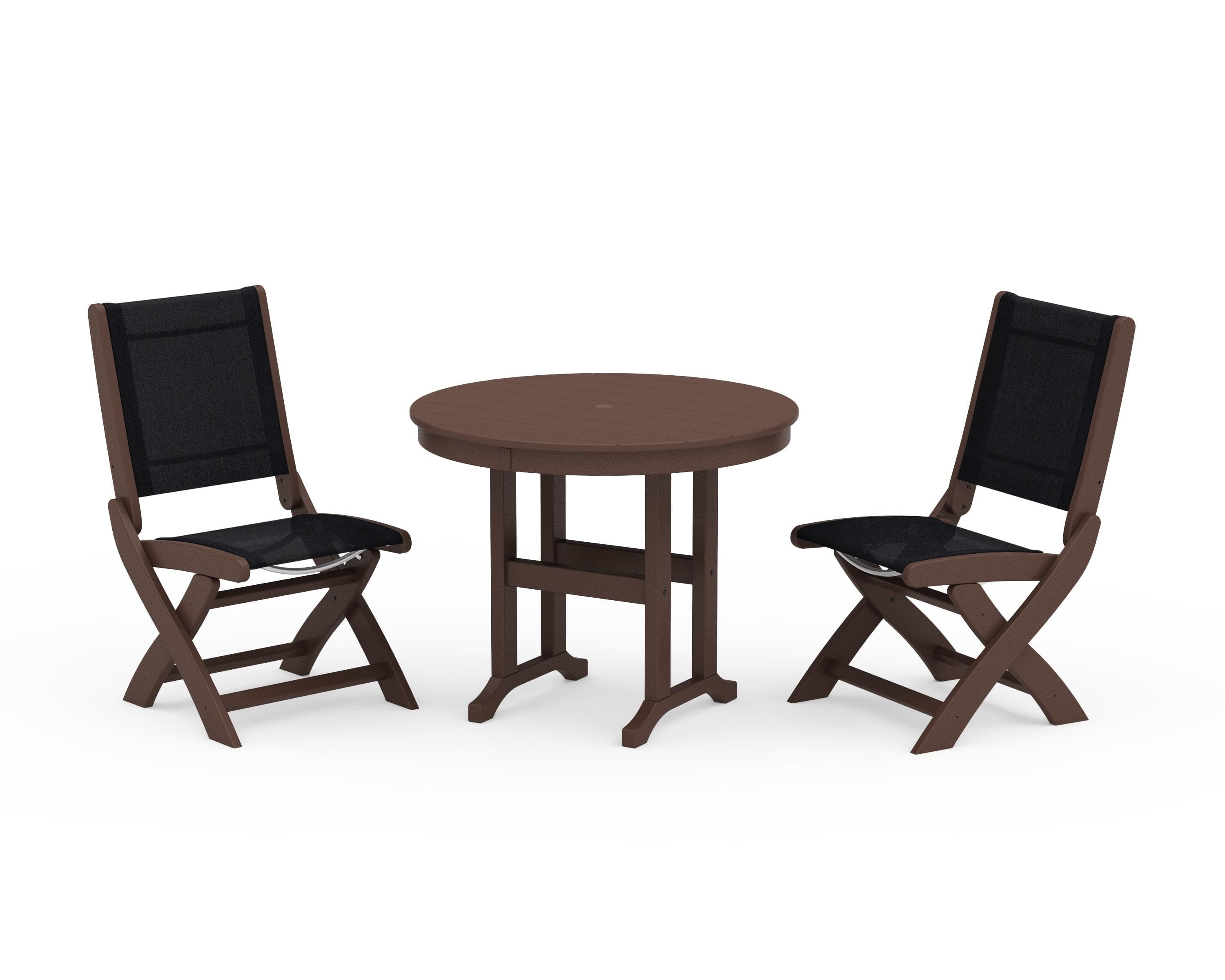POLYWOOD® Coastal Folding Side Chair 3-Piece Round Dining Set in Mahogany / Black Sling
