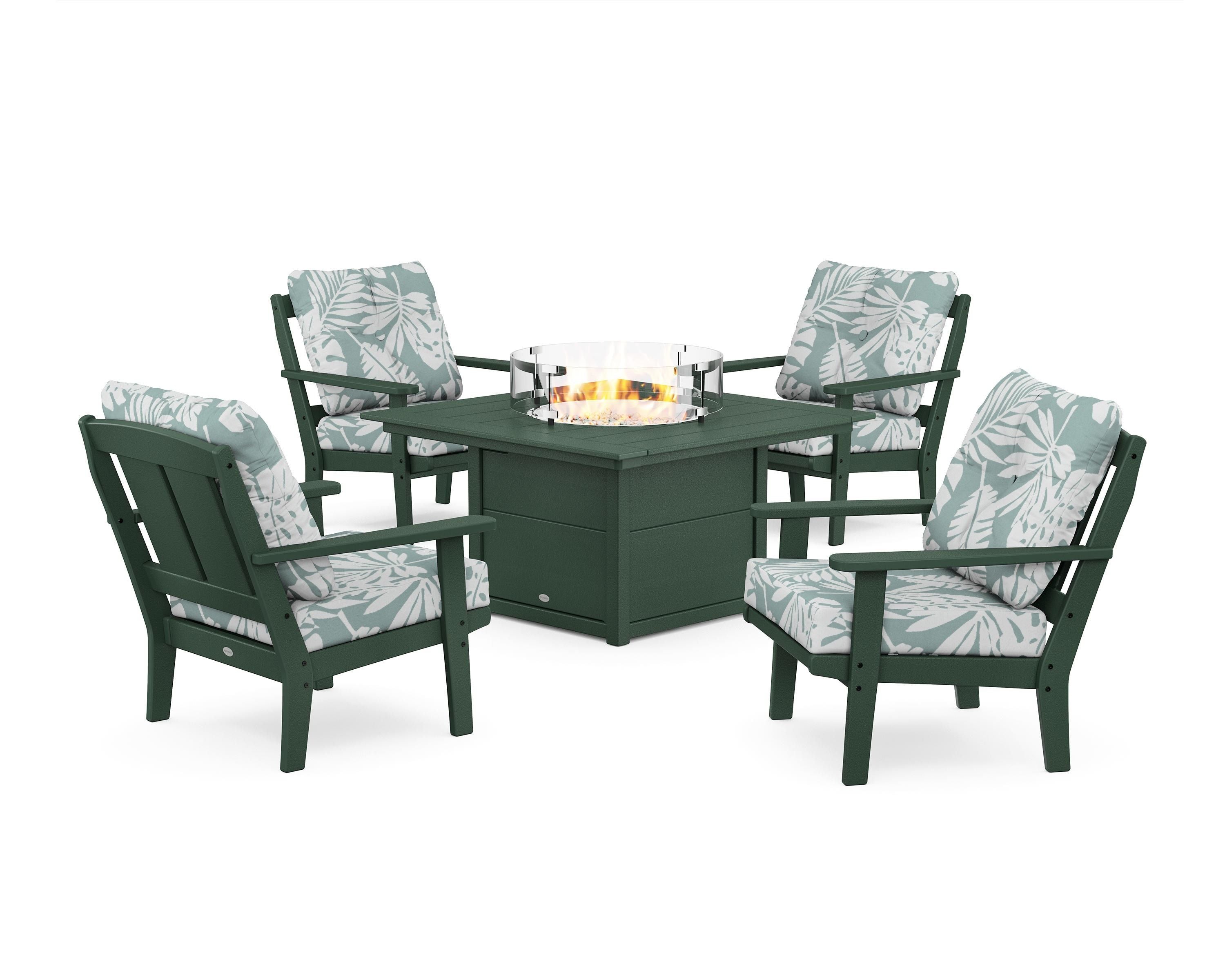 POLYWOOD® Mission 5-Piece Deep Seating Set with Fire Pit Table in Green / Leaf Glacier Spa