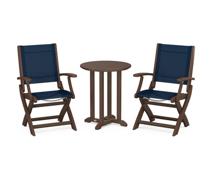 POLYWOOD® Coastal Folding 3-Piece Round Bistro Dining Set in Mahogany / Navy Blue Sling