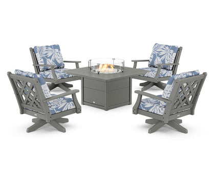 Country Living Wovendale 5-Piece Deep Seating Swivel Conversation Set with Fire Pit Table in Slate Grey / Leaf Sky Blue
