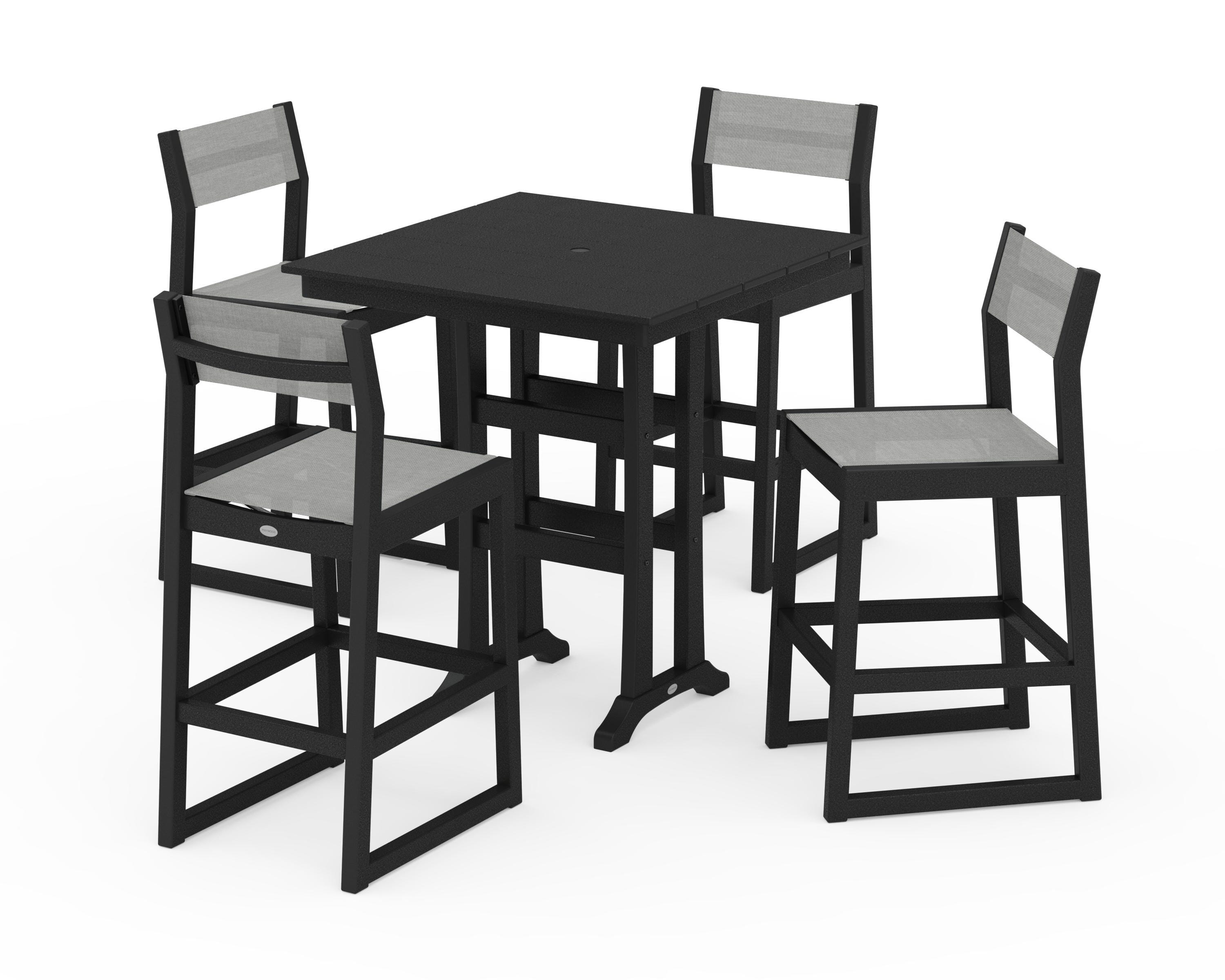 POLYWOOD® EDGE Sling Arm Chair 5-Piece Farmhouse Bar Set with Trestle Legs in Black / Metallic Sling