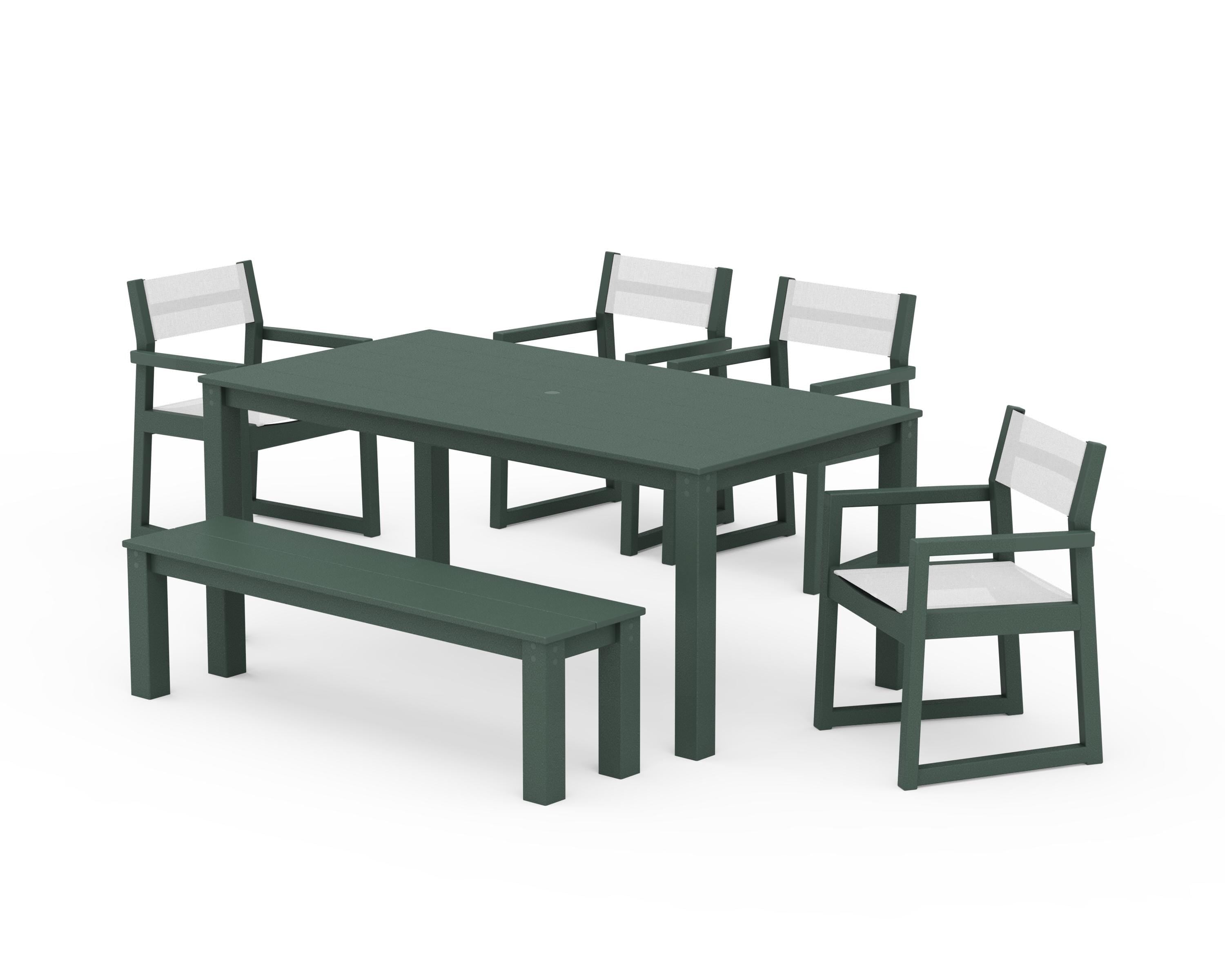 POLYWOOD® EDGE Sling Arm Chair 6-Piece Parsons Dining Set with Bench in Green / White Sling