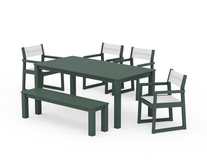 POLYWOOD® EDGE Sling Arm Chair 6-Piece Parsons Dining Set with Bench in Green / White Sling