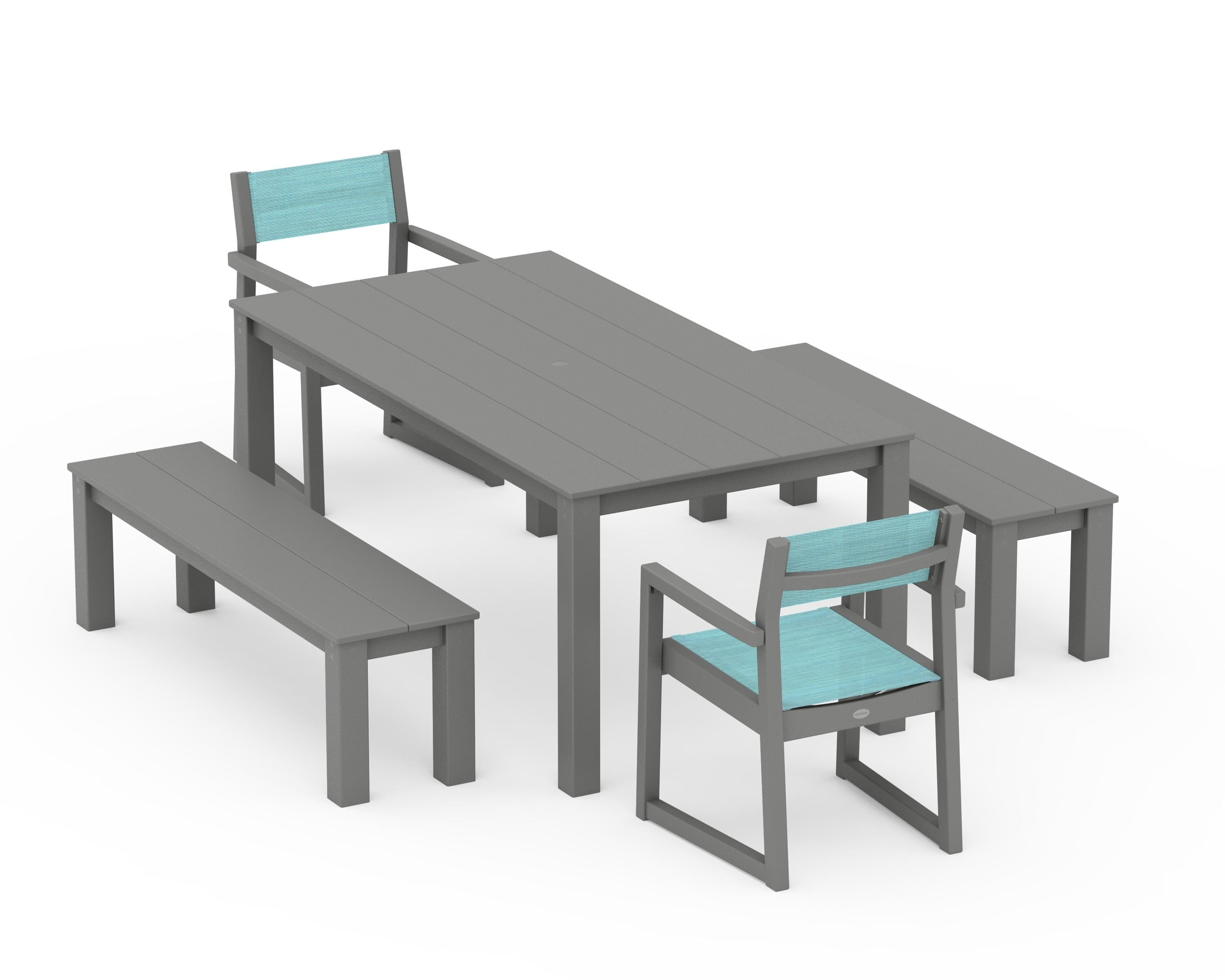 POLYWOOD® EDGE Sling Arm Chair 5-Piece Parsons Dining Set with Benches in Slate Grey / Dupioni Aquamarine Sling