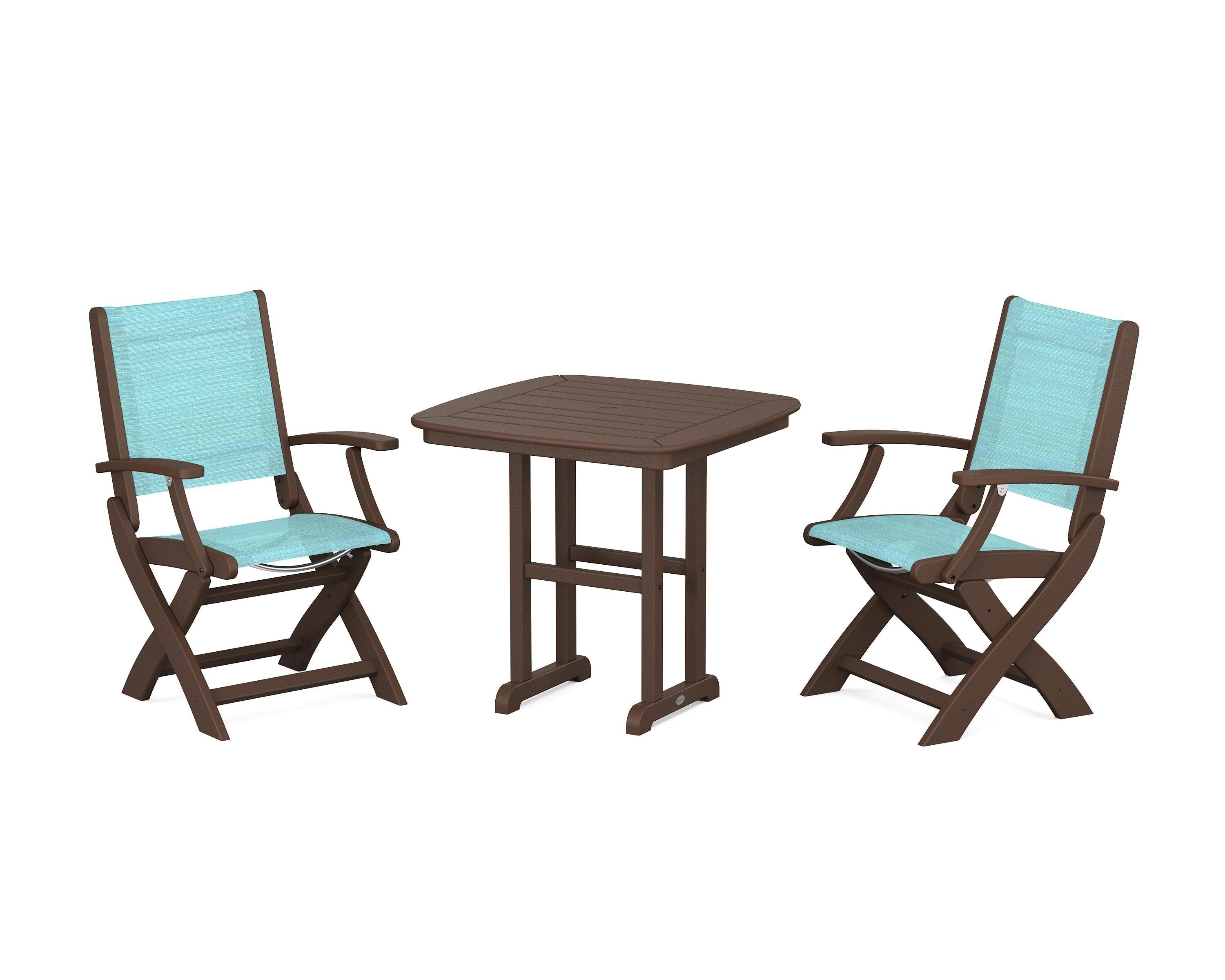 POLYWOOD® Coastal Folding Chair 3-Piece Dining Set in Mahogany / Dupioni Aquamarine Sling