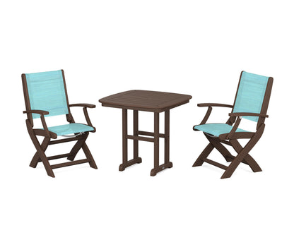POLYWOOD® Coastal Folding Chair 3-Piece Dining Set in Mahogany / Dupioni Aquamarine Sling