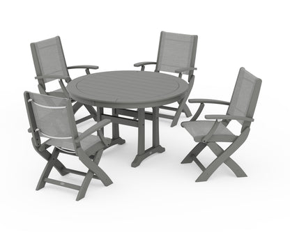 POLYWOOD® Coastal Folding Chair 5-Piece Round Dining Set with Trestle Legs in Slate Grey / Metallic Sling