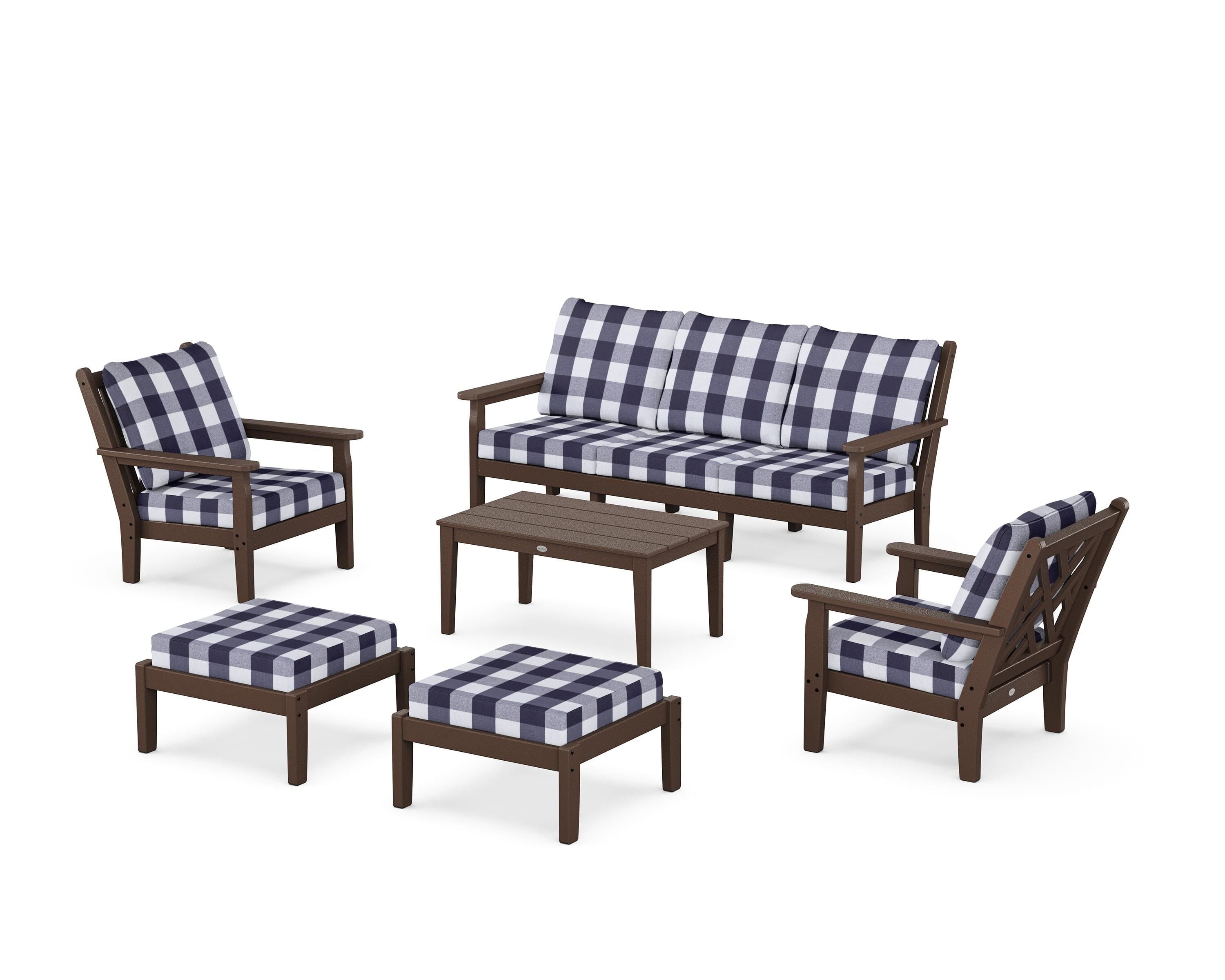 POLYWOOD® Chippendale 6-Piece Lounge Sofa Set in Mahogany / Buffalo Plaid Navy