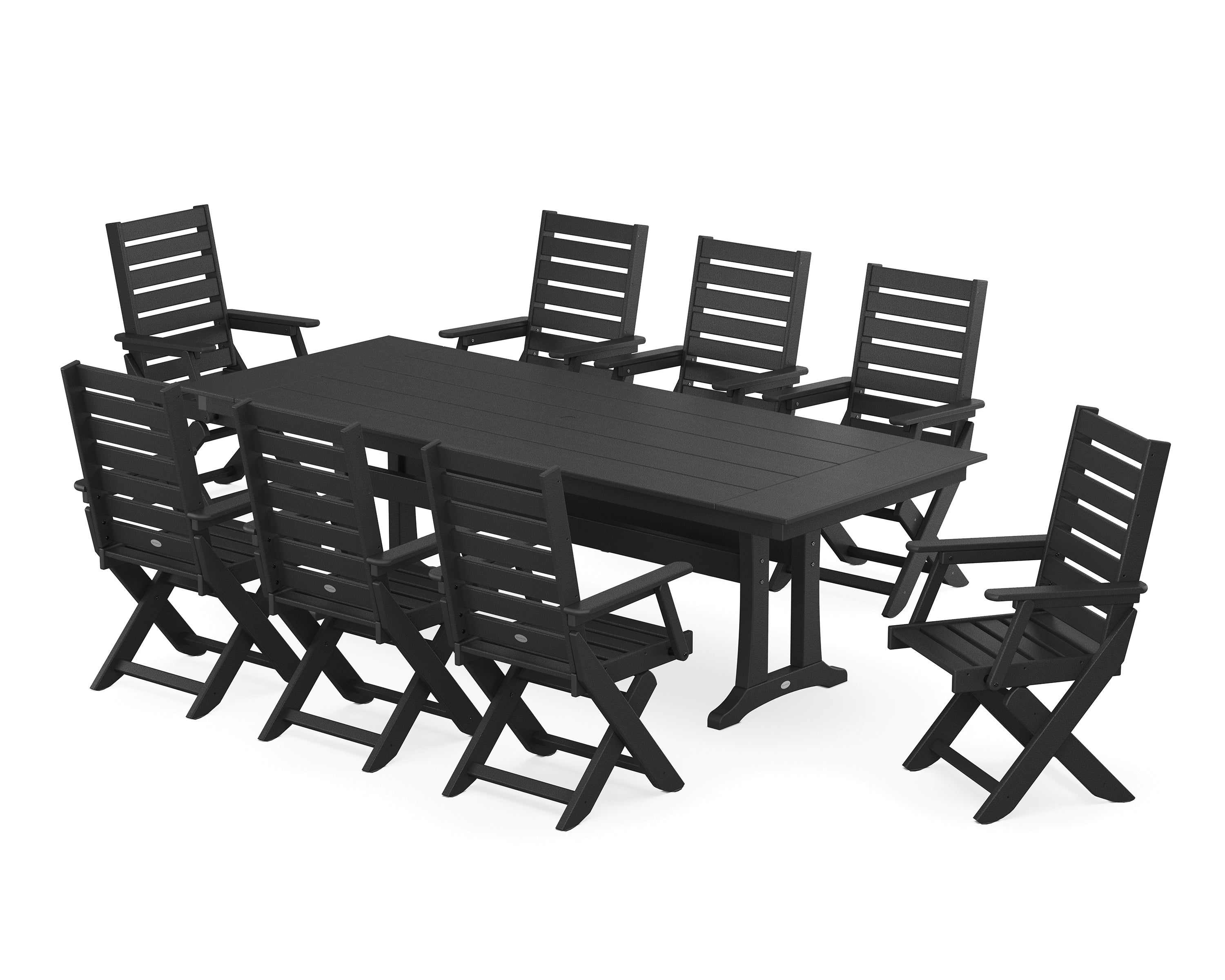 POLYWOOD® Captain 9-Piece Farmhouse Dining Set with Trestle Legs in Black