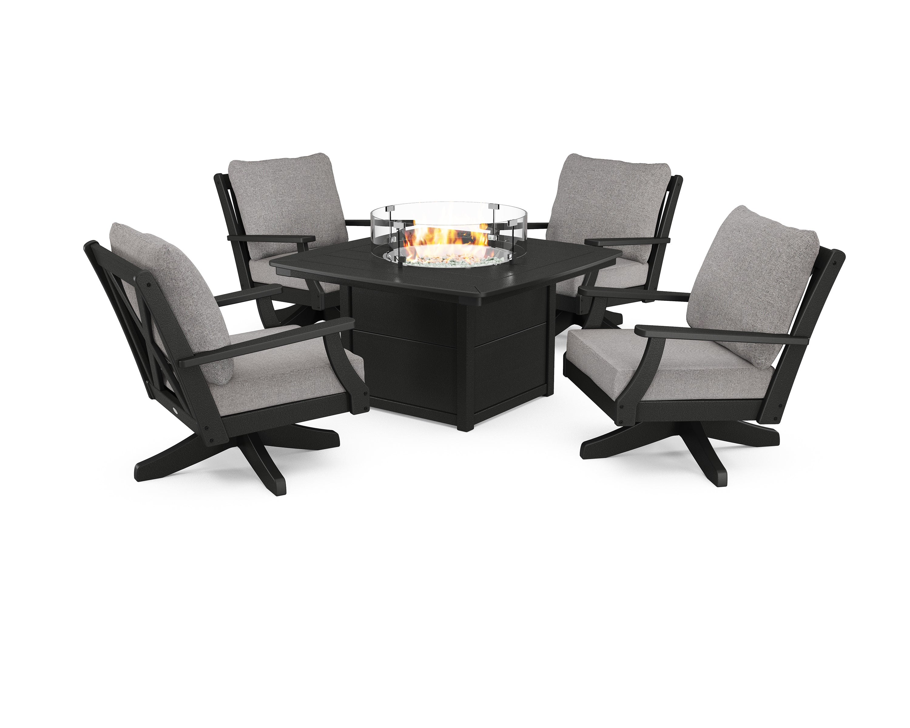 POLYWOOD® Braxton 5-Piece Deep Seating Swivel Conversation Set with Fire Pit Table in Black / Grey Mist