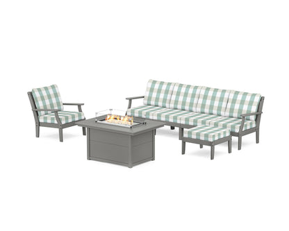 POLYWOOD® Braxton Sectional Lounge and Fire Pit Set in Slate Grey / Buffalo Plaid Glacier Spa