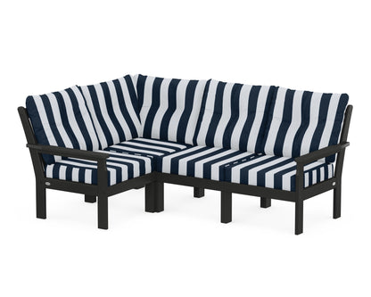 POLYWOOD® Vineyard 4-Piece Sectional in Black / Cabana Stripe Marine Indigo