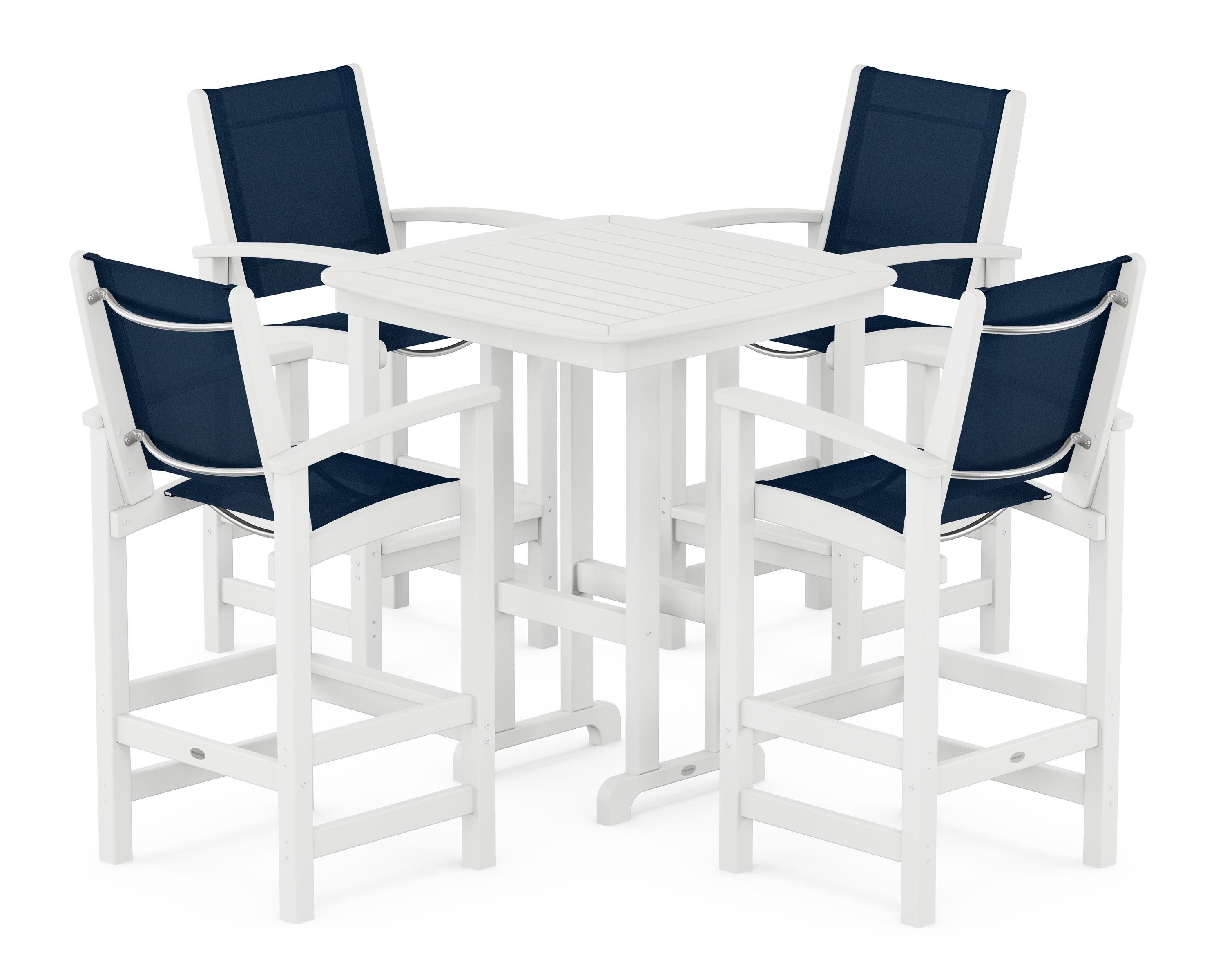 POLYWOOD® Coastal 5-Piece Bar Set in White / Navy Blue Sling