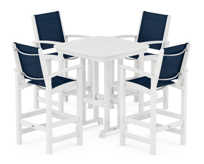 POLYWOOD® Coastal 5-Piece Bar Set in White / Navy Blue Sling