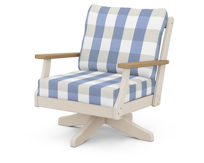 POLYWOOD® Braxton Deep Seating Swivel Chair in Sand / Natural / Buffalo Plaid Sky Blue