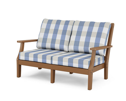 Country Living Wovendale Deep Seating Loveseat in Teak / Buffalo Plaid Sky Blue