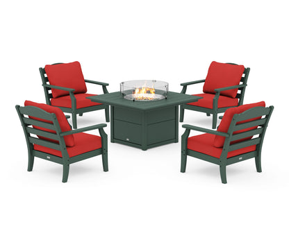 Draper James™ by  POLYWOOD® Savannah 5-Piece Deep Seating Set with Fire Pit Table in Green / Crimson Linen