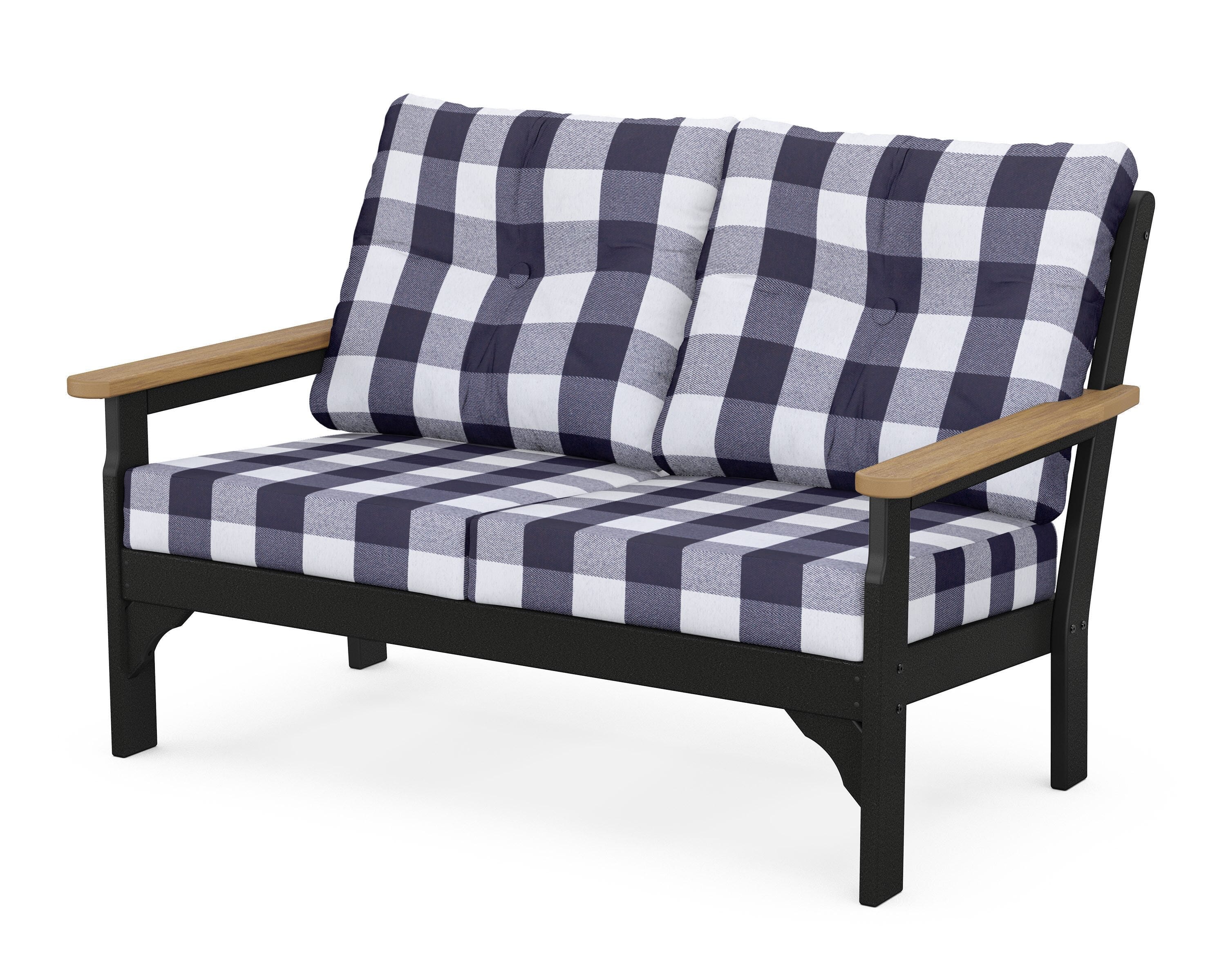 POLYWOOD® Vineyard Deep Seating Loveseat in Black / Natural / Buffalo Plaid Navy