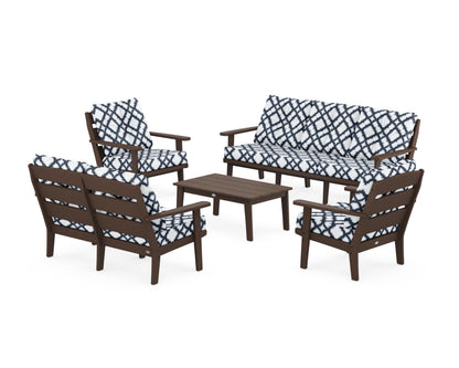 POLYWOOD® Lakeside 5-Piece Lounge Sofa Set in Mahogany / Trellis Marine Indigo
