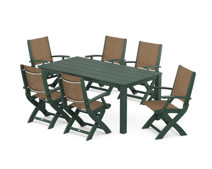 POLYWOOD® Coastal Folding Chair 7-Piece Parsons Dining Set in Green / Burlap Sling