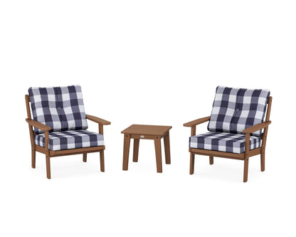 POLYWOOD® Prairie 3-Piece Deep Seating Set in Teak / Buffalo Plaid Navy
