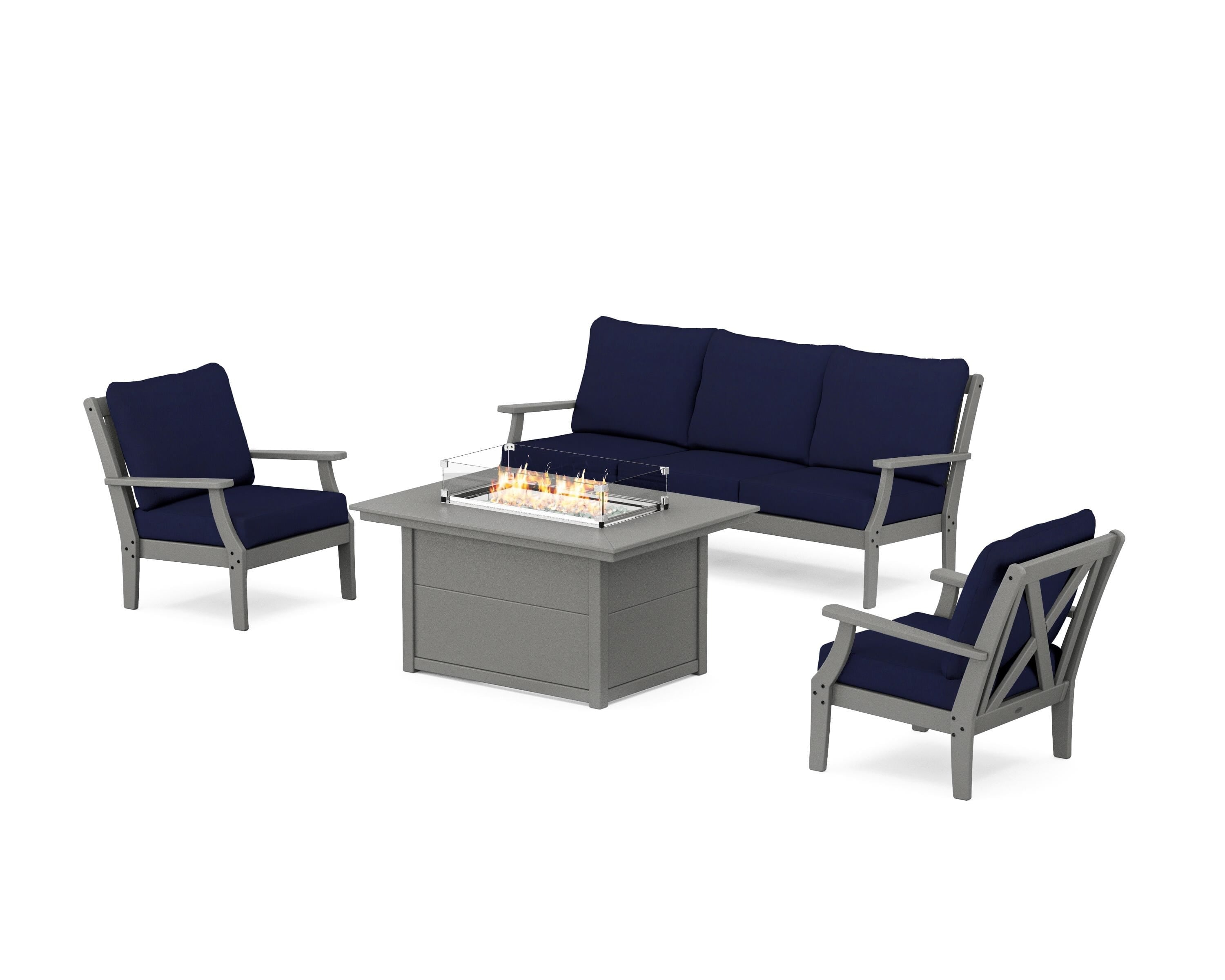 POLYWOOD® Braxton Deep Seating Fire Pit Table Set in Slate Grey / Navy