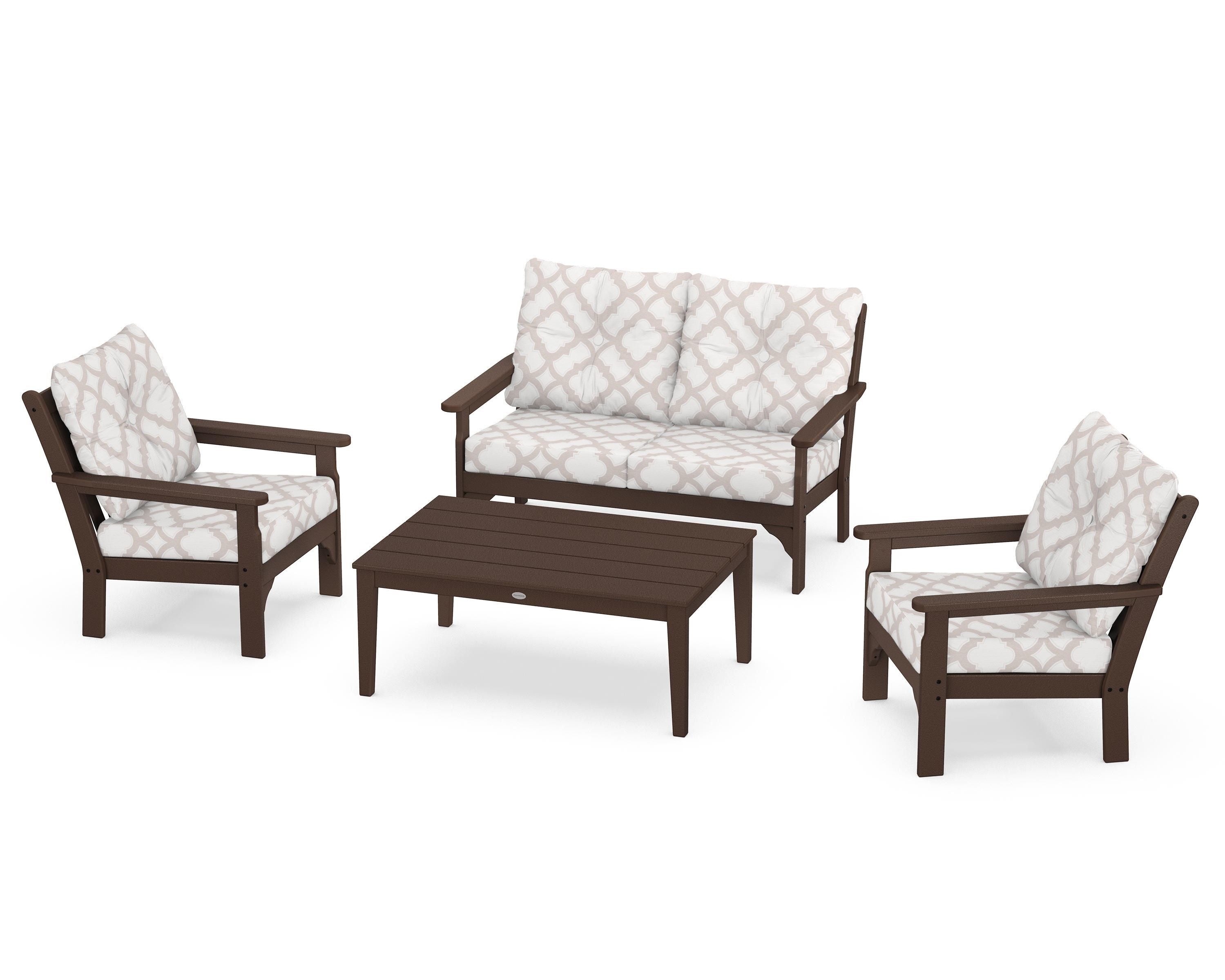 POLYWOOD® Vineyard 4-Piece Deep Seating Set in Mahogany / Trellis Dune Burlap