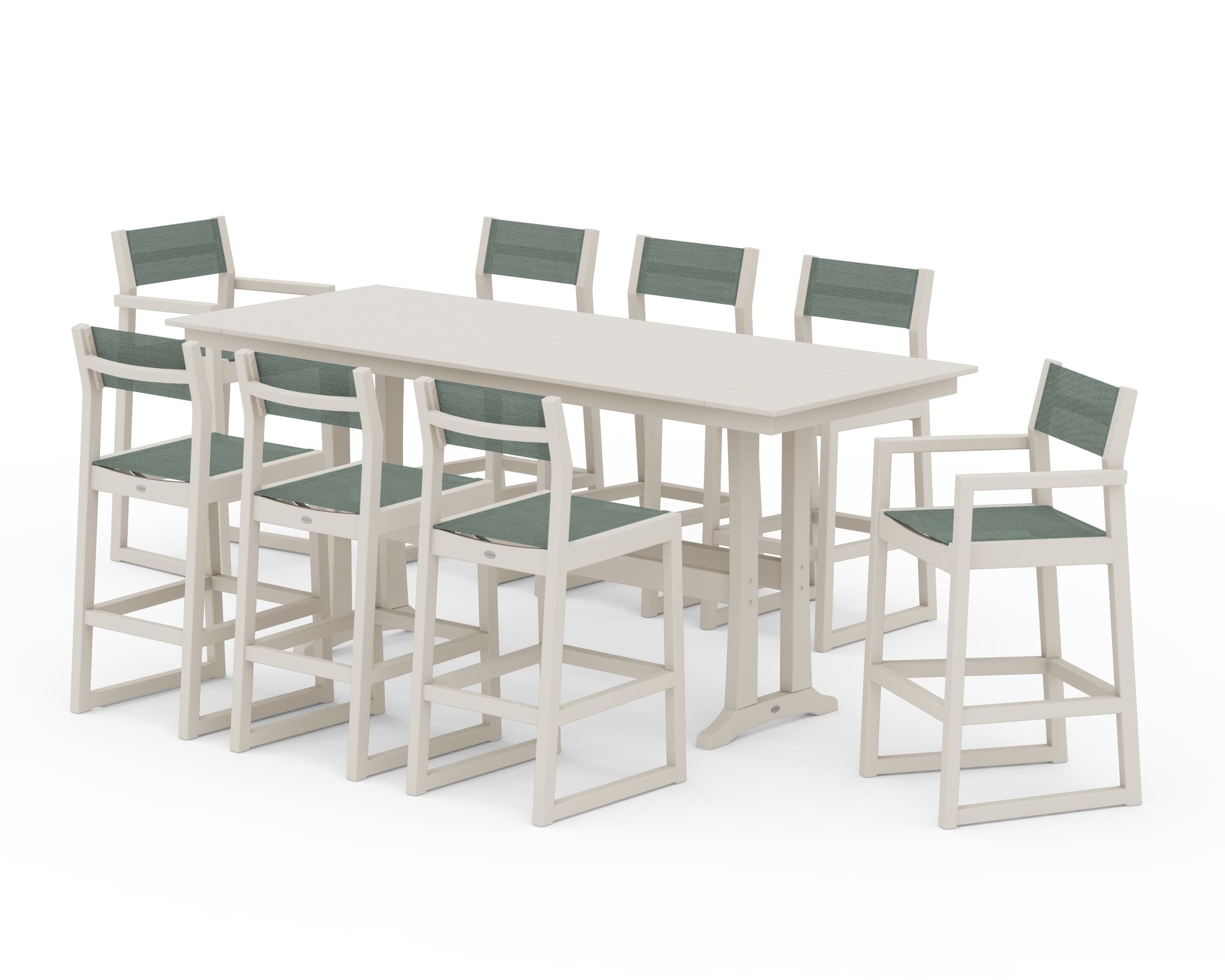 POLYWOOD® EDGE Sling 9-Piece Farmhouse Bar Set with Trestle Legs in Sand / Dupioni Sea Mist Sling