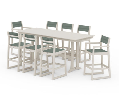 POLYWOOD® EDGE Sling 9-Piece Farmhouse Bar Set with Trestle Legs in Sand / Dupioni Sea Mist Sling