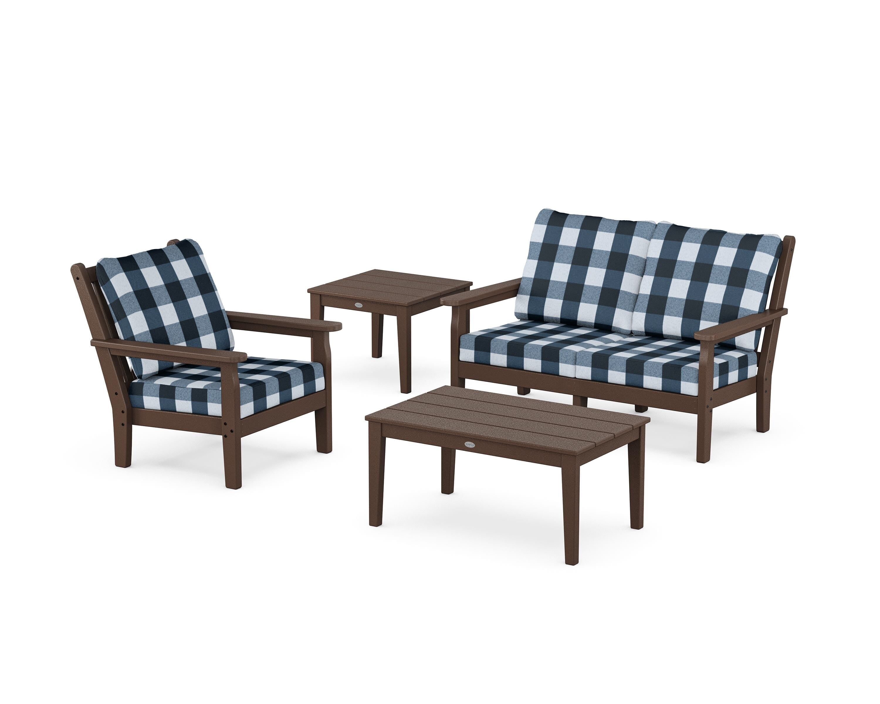 POLYWOOD® Chippendale 4-Piece Deep Seating Set in Mahogany / Buffalo Plaid Marine Indigo