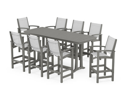 POLYWOOD® Coastal 9-Piece Bar Set with Trestle Legs in Slate Grey / White Sling