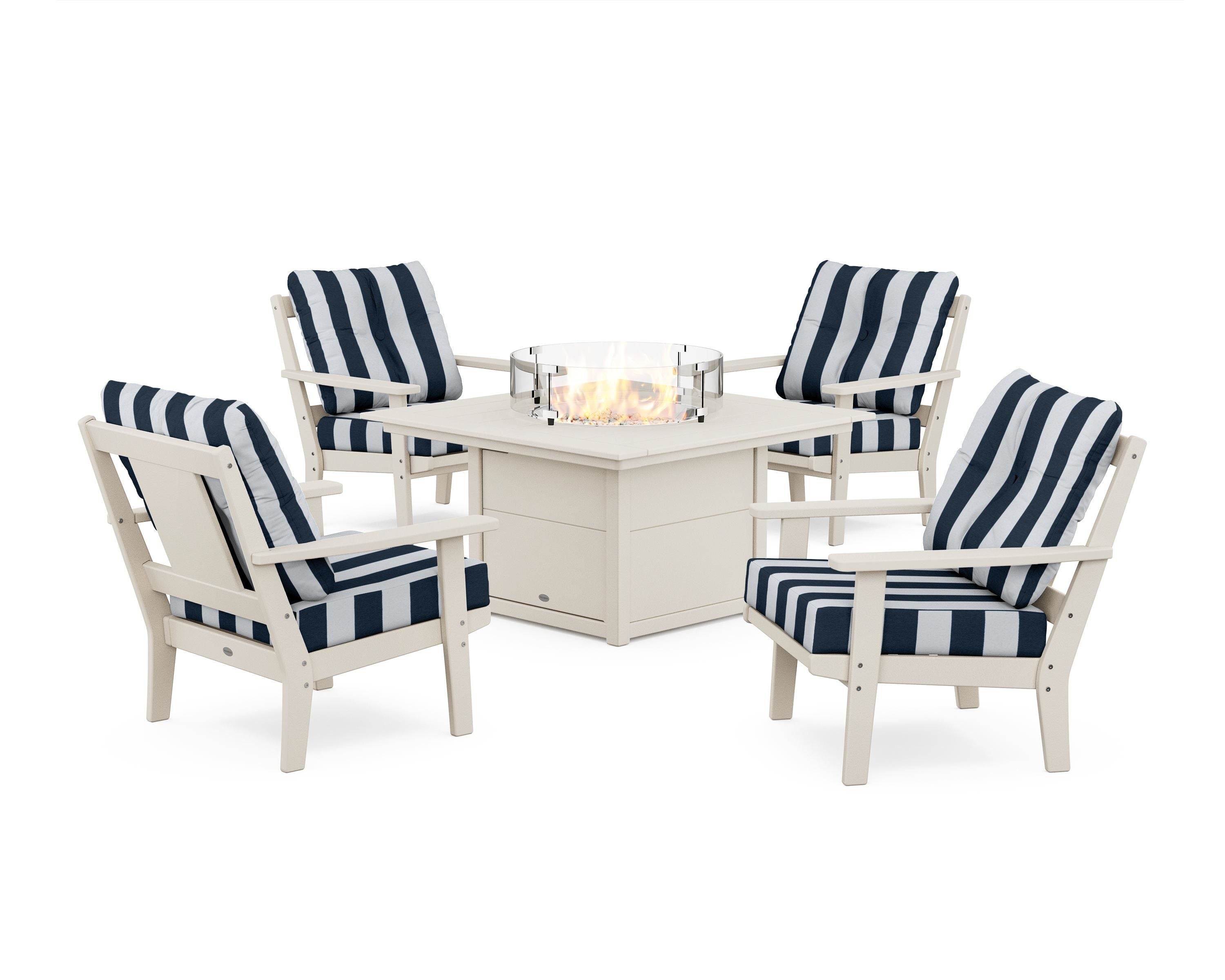 POLYWOOD® Prairie 5-Piece Deep Seating Set with Fire Pit Table in Sand / Cabana Stripe Marine Indigo