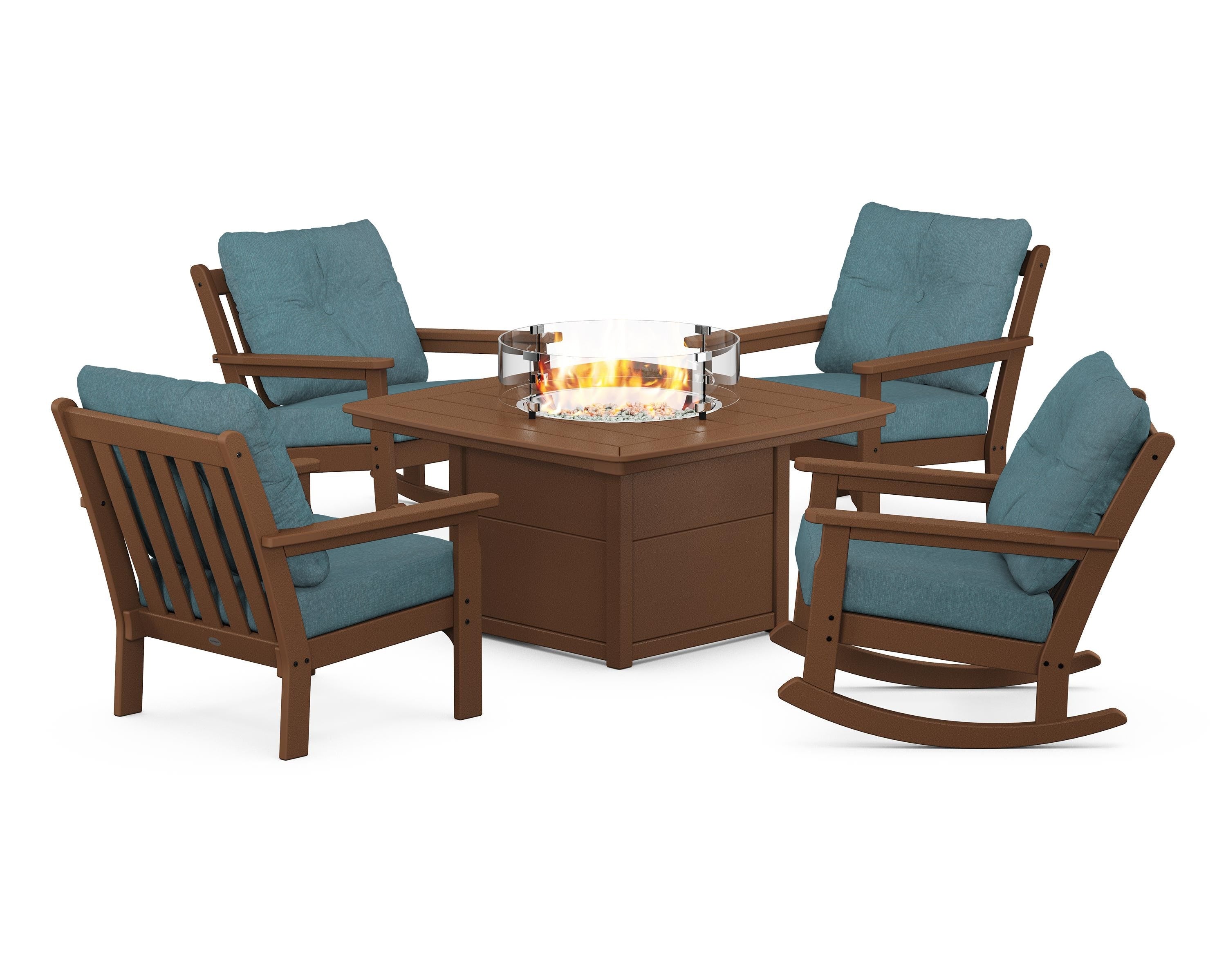 POLYWOOD® Vineyard 5-Piece Deep Seating Rocking Chair Conversation Set with Fire Pit Table in Teak / Ocean Teal