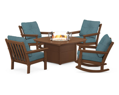 POLYWOOD® Vineyard 5-Piece Deep Seating Rocking Chair Conversation Set with Fire Pit Table in Teak / Ocean Teal