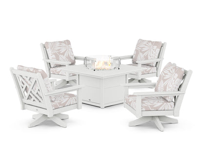POLYWOOD® Chippendale 5-Piece Deep Seating Swivel Conversation Set with Fire Pit Table in White / Leaf Dune Burlap