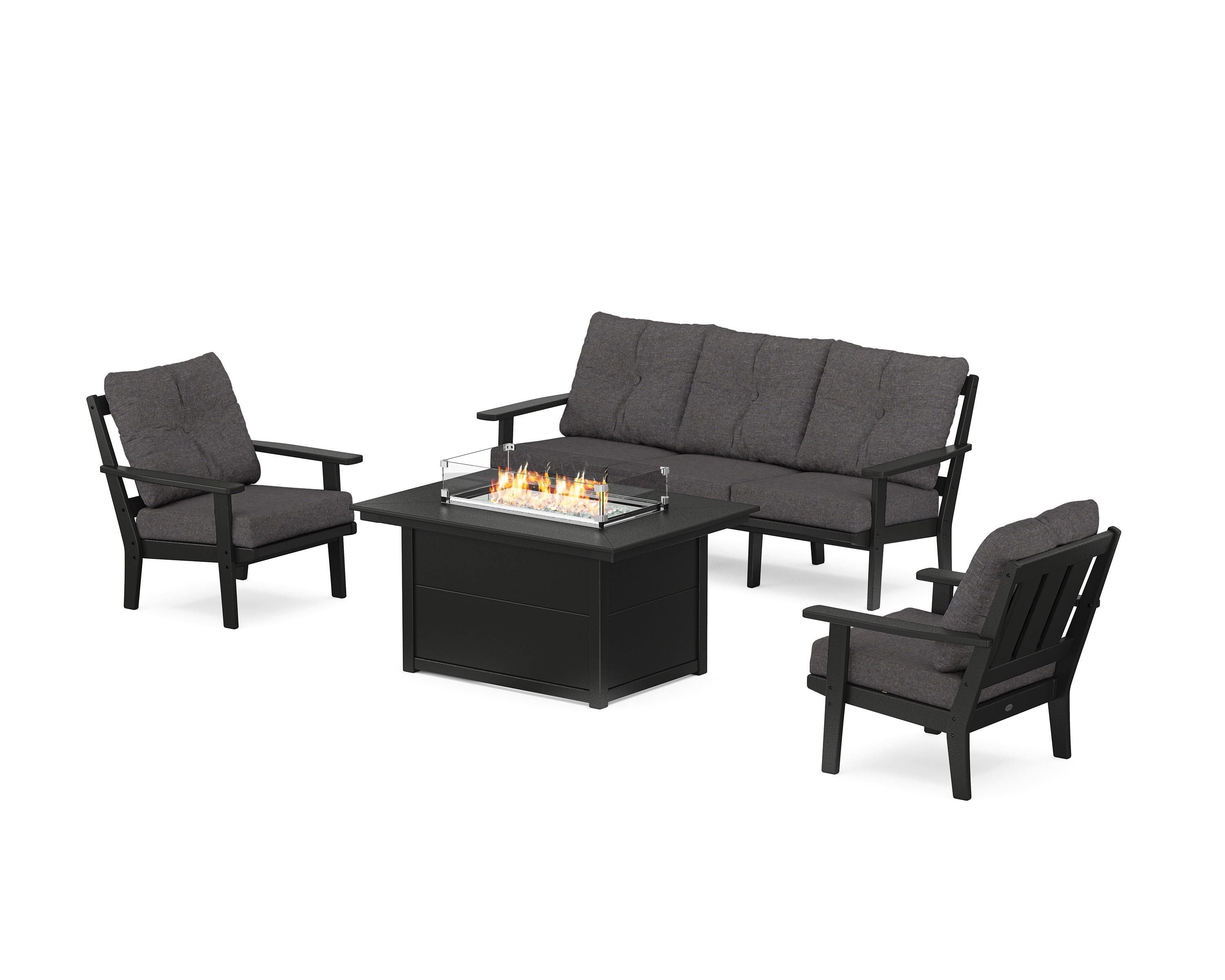 POLYWOOD® Oxford Deep Seating Fire Pit Table Set in Black / Ash Charcoal